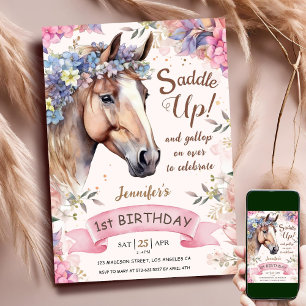Horse 1st Birthday CowGirl Flowers Saddle Up! Invitation