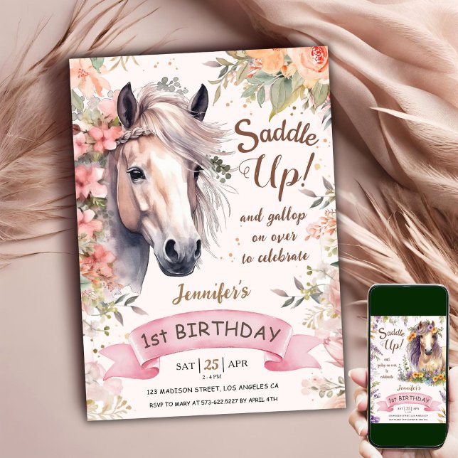 Horse 1st Birthday Girl Floral Wild Saddle Up!  Invitation (Creator Uploaded)