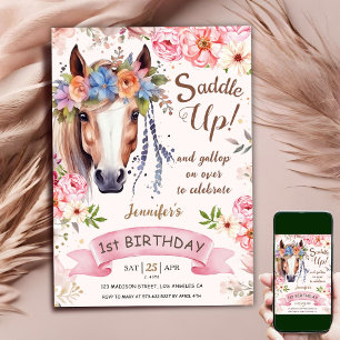 Horse 1st Birthday Girl Pink Floral Cowgirl Invitation