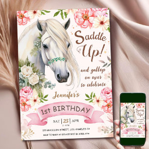 Horse 1st Birthday Girl Pink Floral Saddle Up Invitation