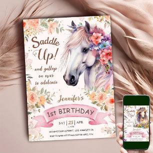 Horse 1st Birthday Girl Pink Flowers Saddle Up!  Invitation