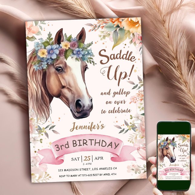 Horse 3rd Birthday CowGirl Floral Saddle Up Invita Invitation (Creator Uploaded)