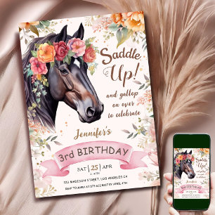 Horse 3rd Birthday Cowgirl Pink Floral Saddle Up Invitation