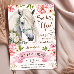 Horse 3rd Birthday Girl Pink Flowers Saddle Up Invitation