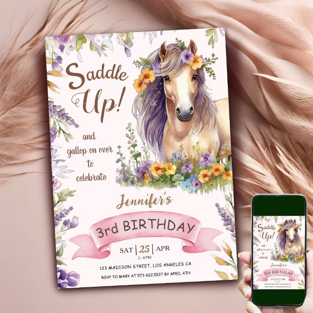Horse 3rd Birthday Girl Purple Floral Saddle Up In Invitation (Creator Uploaded)