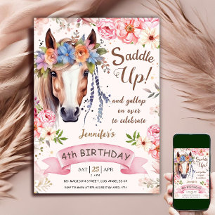 Horse 4th Birthday Girl Boho Flowers Saddle Up Invitation