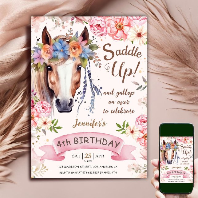 Horse 4th Birthday Girl Boho Flowers Saddle Up Invitation (Creator Uploaded)