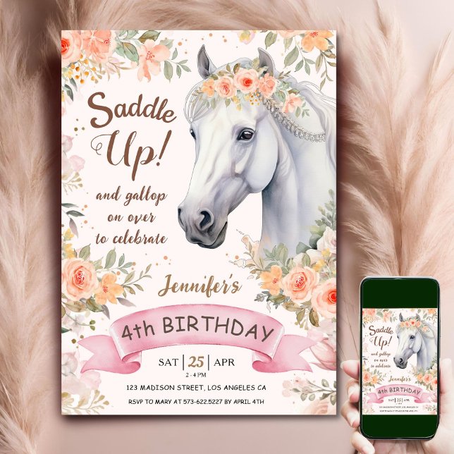 Horse 4th Birthday Girl Pink Flowers Saddle Up Invitation (Creator Uploaded)