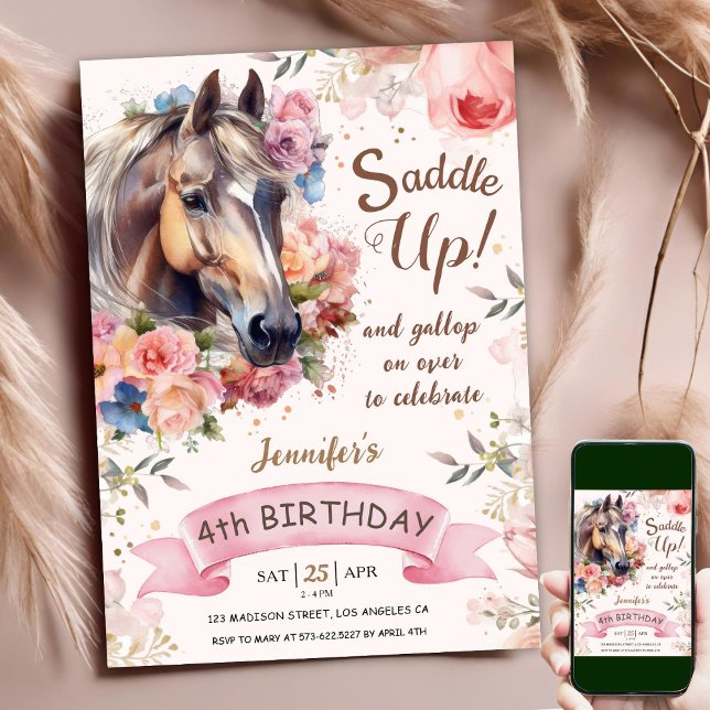 Horse 4th Birthday Pink Floral Girl Saddle Up Invitation (Creator Uploaded)