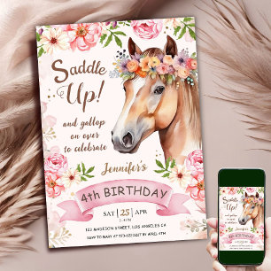 Horse 4th Birthday Pink Rose Flowers Saddle Up Invitation