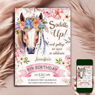 Horse 6th Birthday Girl Boho Flowers Saddle Up Invitation