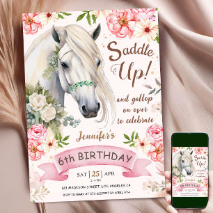 Horse 6th Birthday Girl Pink Flowers Saddle Up Invitation