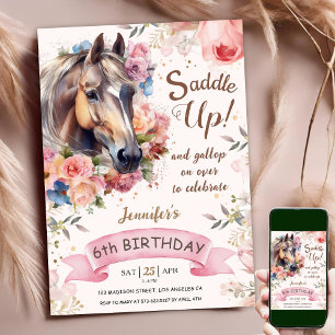 Horse 6th Birthday Pink Floral Girl Saddle Up Invitation