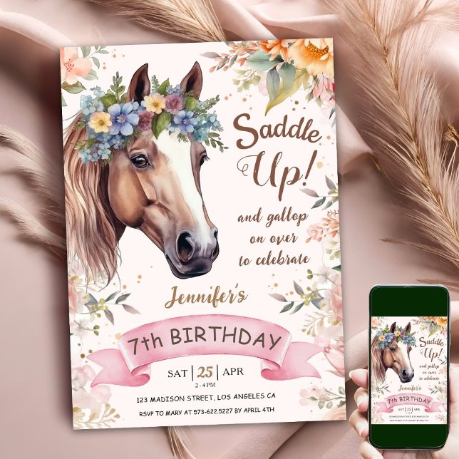 Horse 7th Birthday CowGirl Floral Saddle Up Invitation (Creator Uploaded)