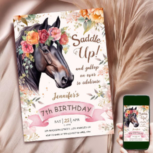 Horse 7th Birthday Cowgirl Pink Floral Saddle Up Invitation