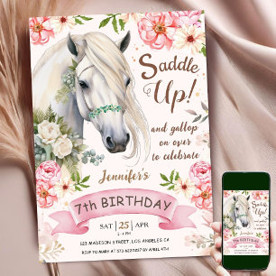 Horse 7th Birthday Girl Pink Flowers Saddle Up Invitation