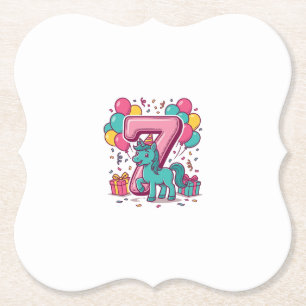 Horse 7th Birthday Party Cute Pony Vector Design_1 Paper Coaster