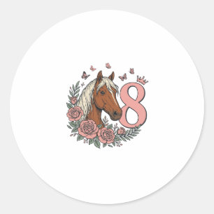 Horse 8th Birthday Floral Vintage Engraving Design Classic Round Sticker