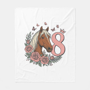 Horse 8th Birthday Floral Vintage Engraving Design Fleece Blanket