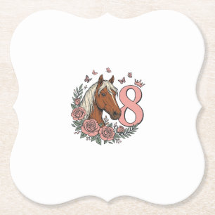 Horse 8th Birthday Floral Vintage Engraving Design Paper Coaster