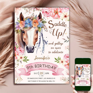 Horse 9th Birthday Boho Pink Flowers Saddle Up Invitation
