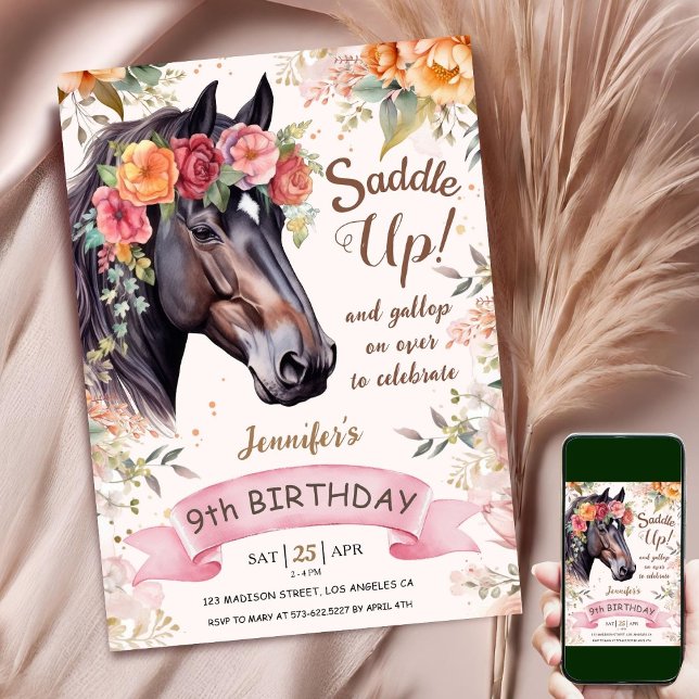 Horse 9th Birthday Cowgirl Pink Floral Saddle Up Invitation (Creator Uploaded)