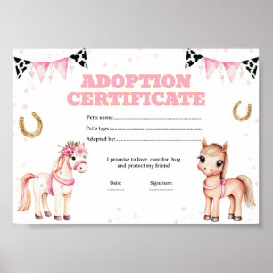 Horse adopt a pet certificate poster