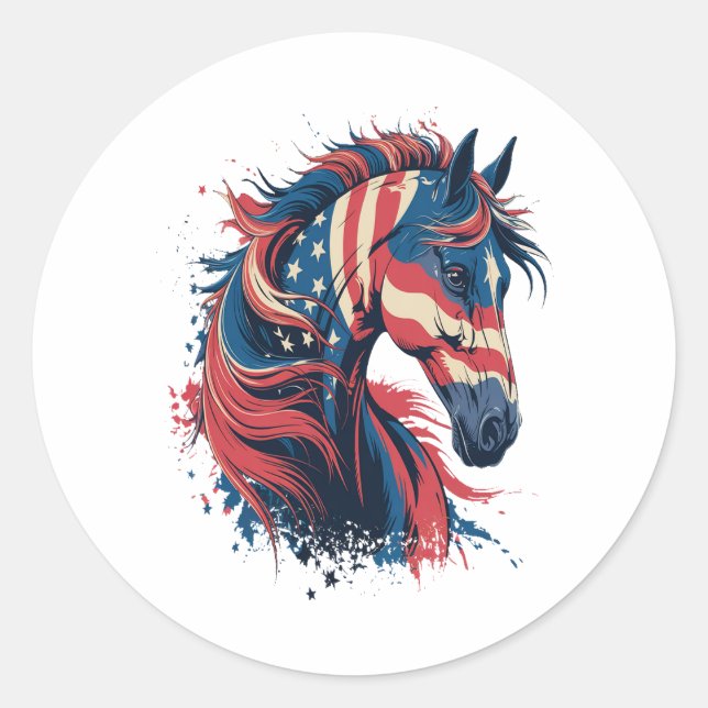 Horse American Flag Classic Round Sticker (Front)