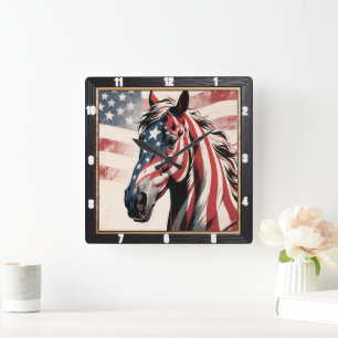 Horse American Flag Patriotic Square Wall Clock