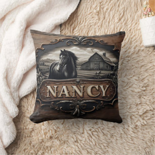 Horse and Barn Carving With Name on Wooden Sign Cushion