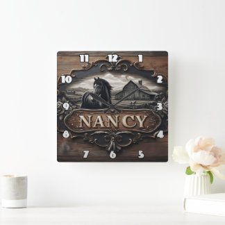Horse and Barn Carving With Name on Wooden Sign Square Wall Clock