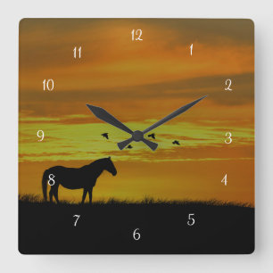 Horse and Birds in Southwestern Sunset Square Wall Clock
