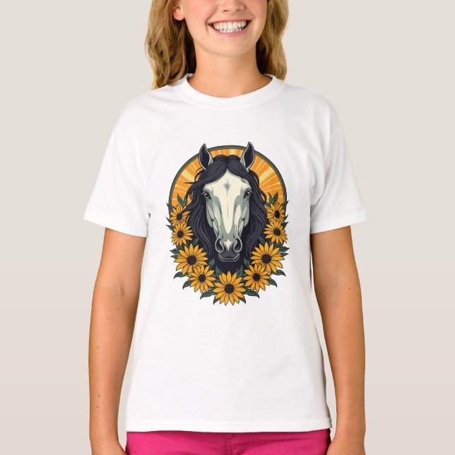 Horse And Black Eyed Susan Flowers T-Shirt (Front)