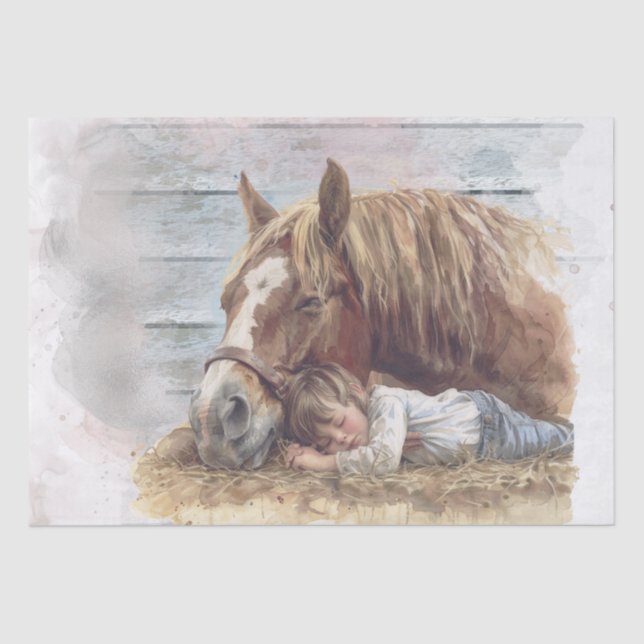 Horse And Boy In Barn Asleep "Best friends" Tissue Paper (Front)