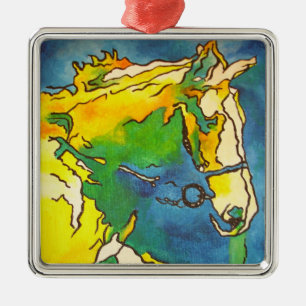 "Horse and Bridle Colourful Black Outline Art" #h Metal Tree Decoration