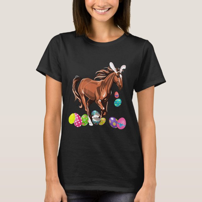 Horse And Bunny Rabbit Hat Easter Eggs Happy Day T T-Shirt (Front)