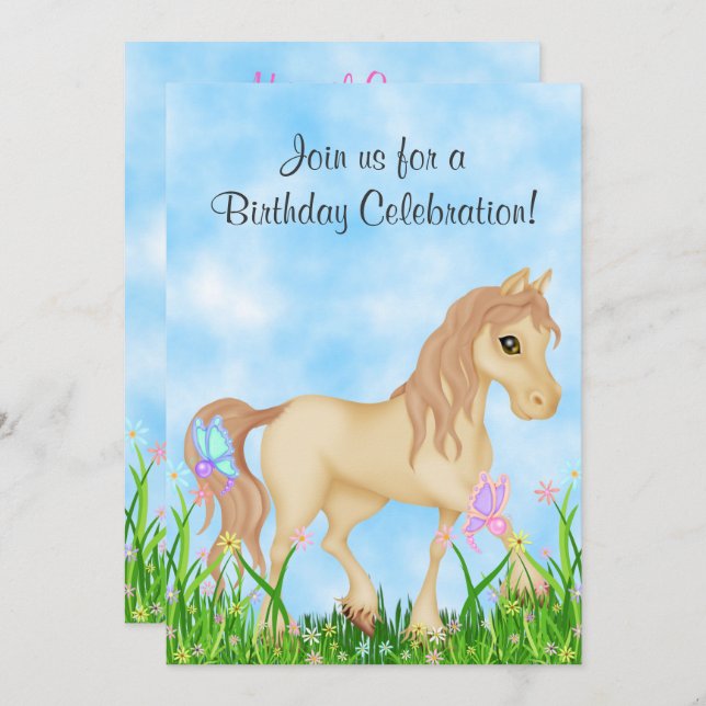 Horse and Butterflies Birthday Invitation (Front/Back)