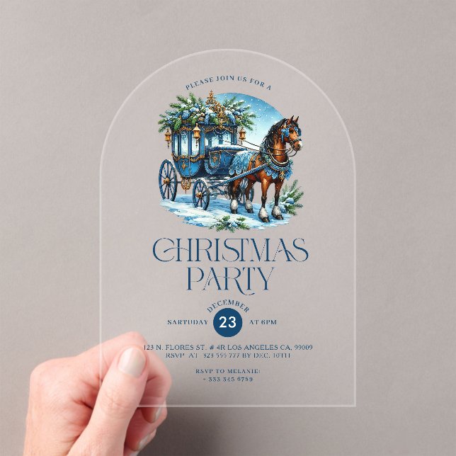 Horse and Carriage Blue Christmas Party Invite Acrylic Invitations (Insitu (Handheld))