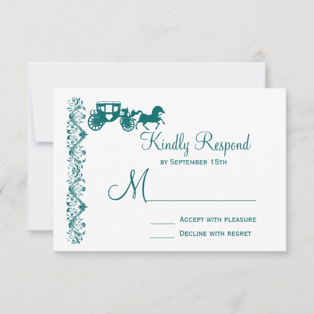 Horse and Carriage Teal Blue Wedding RSVP Cards (Front)