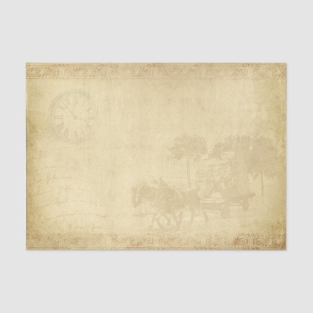 Horse and Carriage with Clock on Tan Background Tissue Paper (Front)