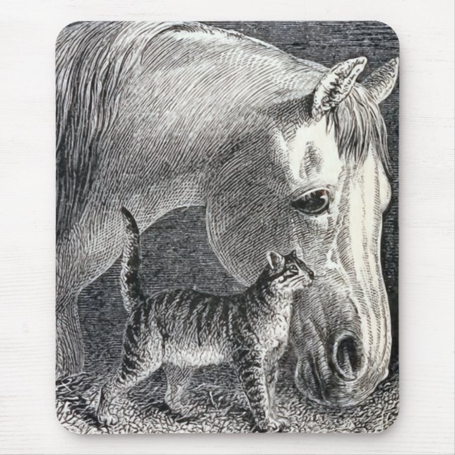 "Horse and Cat" Vintage Illustration Mouse Mat (Front)