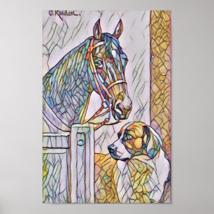 Horse and dog classic painting/ stain glass look poster