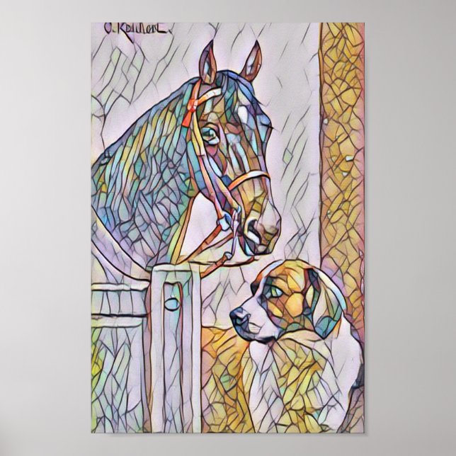 Horse and dog classic painting/ stain glass look poster (Front)