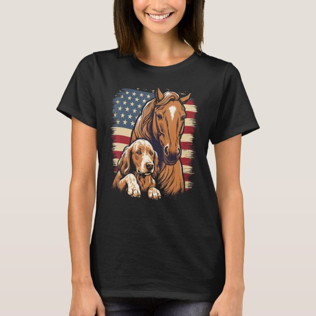 Horse and Dog With USA Flag Horseback Riding Eques T-Shirt (Front)
