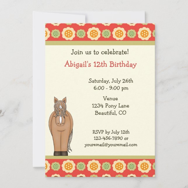 Horse and Flowers Birthday Invitation for Girls (Front)