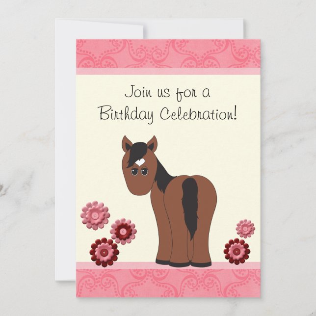Horse and Flowers Birthday Invitation for Girls (Front)