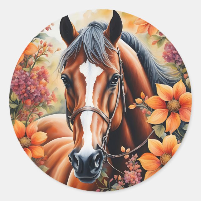 Horse And Flowers Classic Round Sticker (Front)