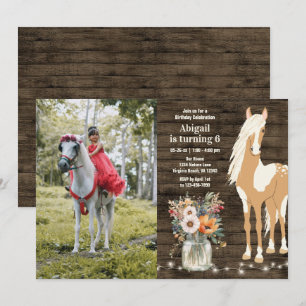 Horse and Flowers Rustic Wood Photo Birthday Invitation