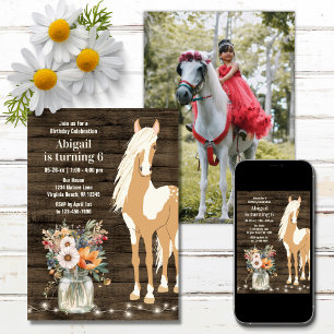Horse and Flowers Rustic Wood Photo Birthday Invitation