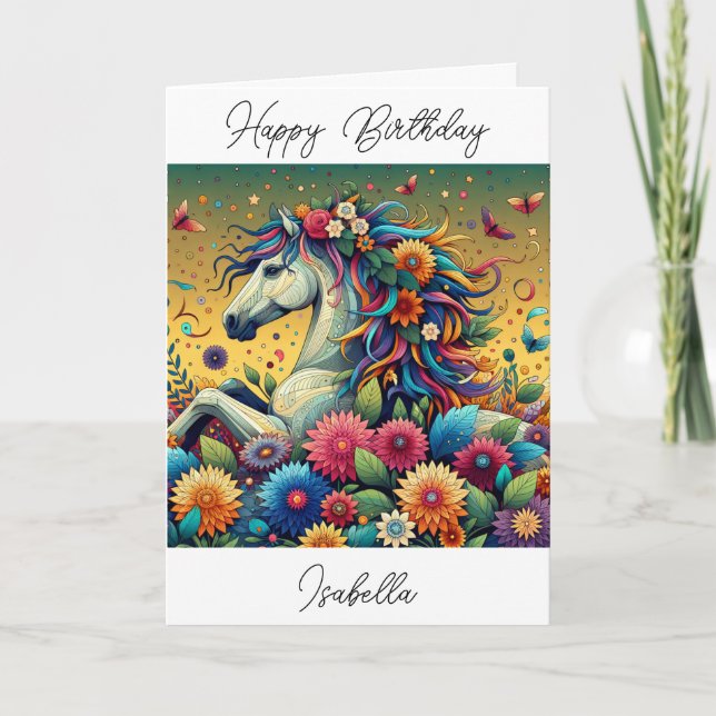 Horse and Flowers Whimsical Personalised Birthday Card (Front)